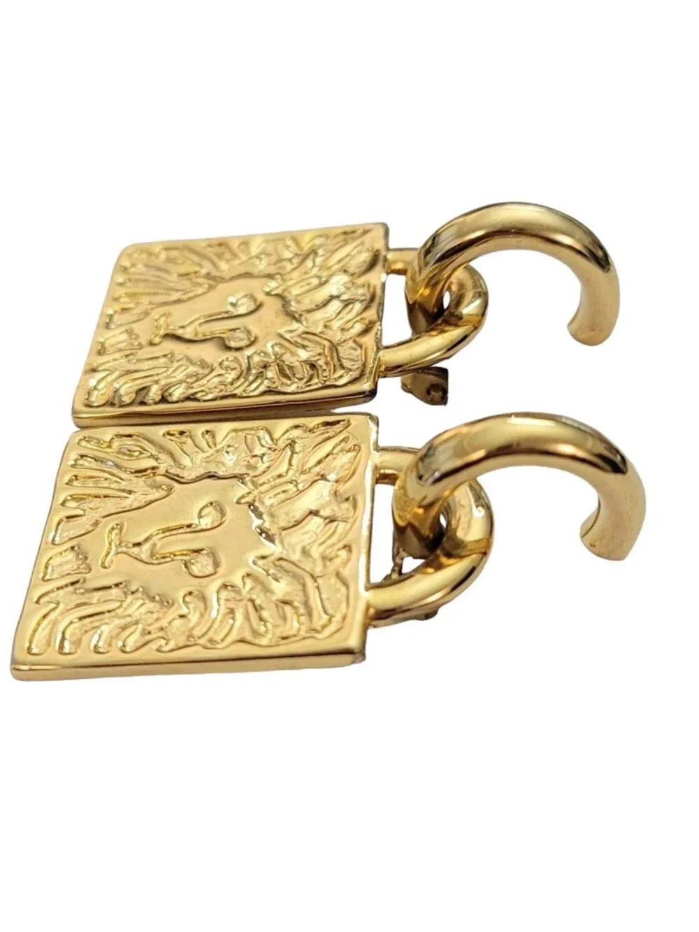 Anne Klein Gold-Tone Hoop Square Signature Lion Head Jacket Clip Earrings E965